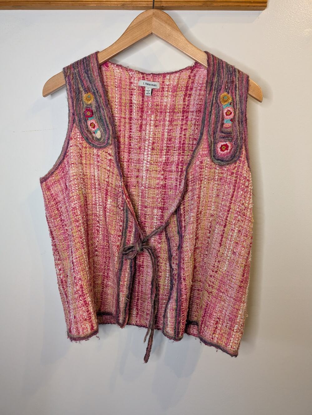 J. Peterman Women's Pink Tweed Vest Embroidered Floral Tie Front Boho Size L